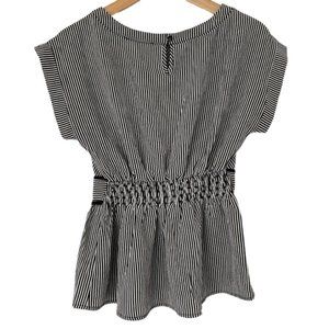 MONTEAU BLACK/WHITE STRIPED PEPLUM TOP WITH WAIST DETAIL AND SHIRRING, SMALL